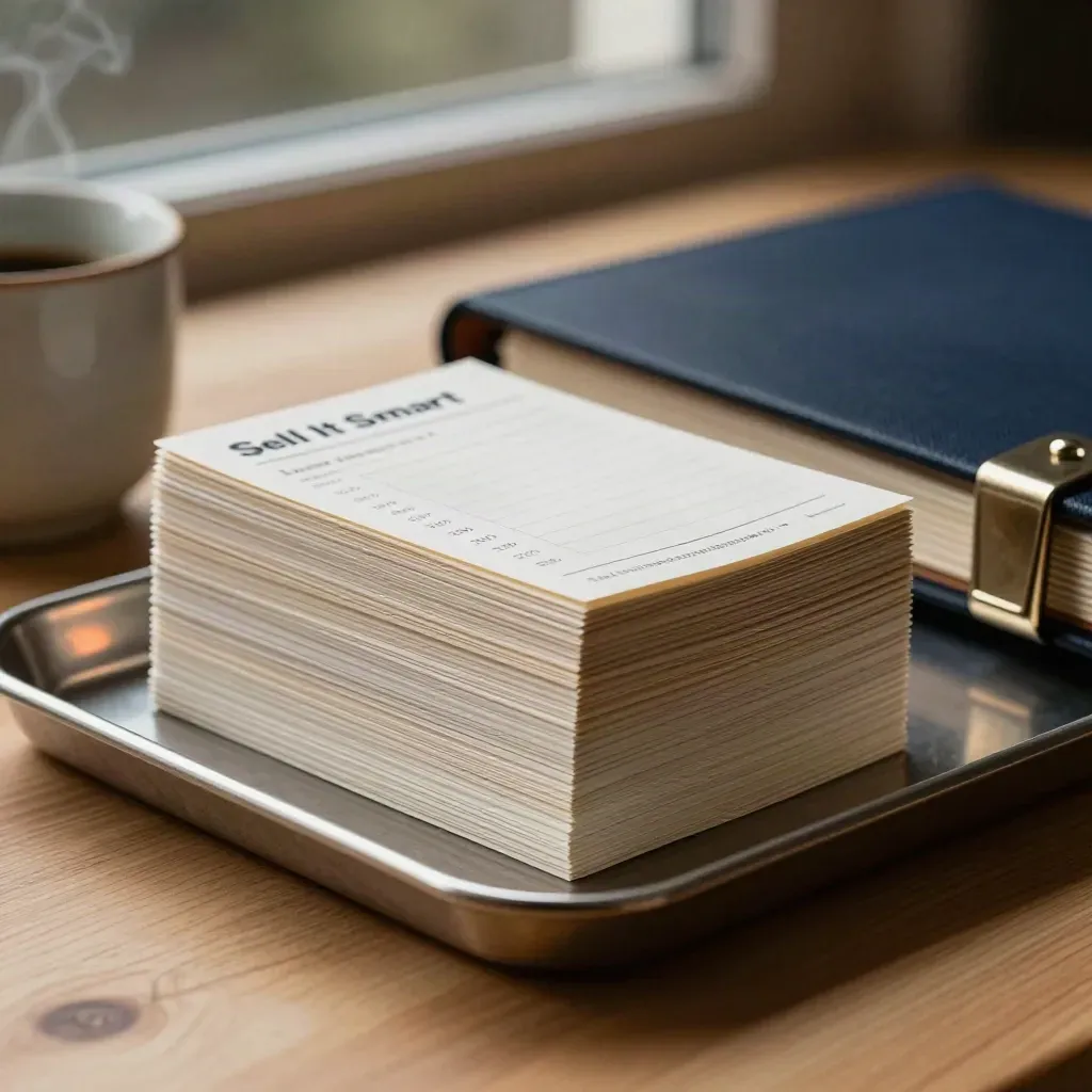Neatly sorted margin cards, navy pricing binder and steaming cup on pale oak