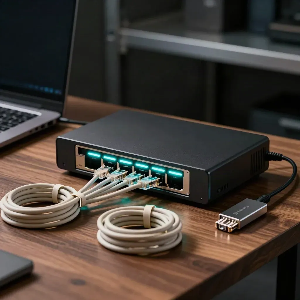 Closed laptop and glowing network hub on a walnut workbench with coiled cables