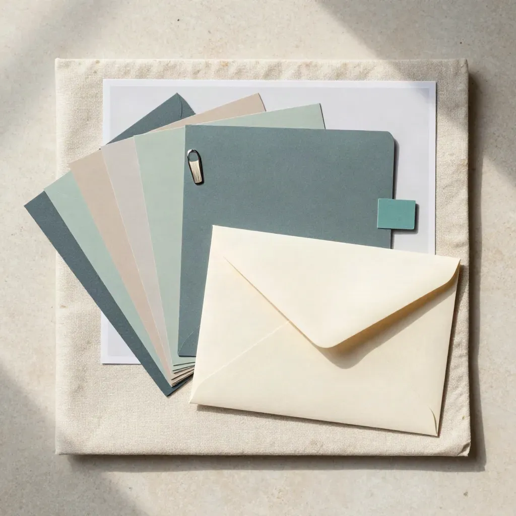 Overhead build-plan flatlay with tabbed dividers, metal clip and sealed envelope on linen