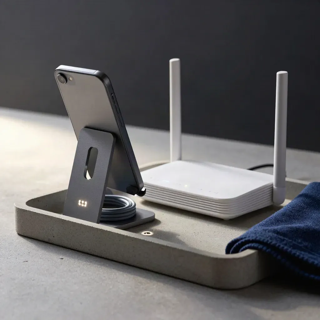 Graphite phone stand, router, cable coil and glowing status pucks on concrete tray