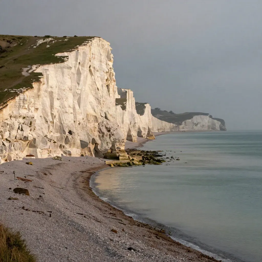 White Cliffs of Dover glowing above a calm hazy channel at golden hour
