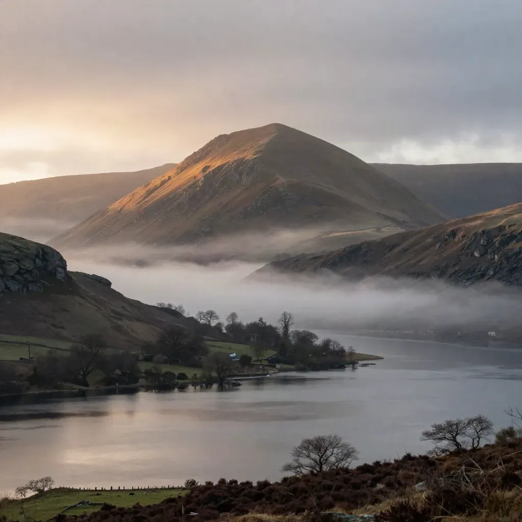 Lake District ridge above still Windermere under mist at dusk